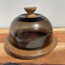 Domed Glass Cloche Cheese Board Wooden Base Glass Dish Inside 4.5" Vintage
