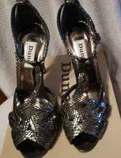 Dune Silver Black leather Snakeskin Sandals . size 3. Halifax DI. Party NEW