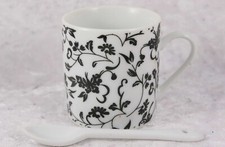 unbranded 6 x Espresso coffee cups black floral pattern  plain white spoons x 6