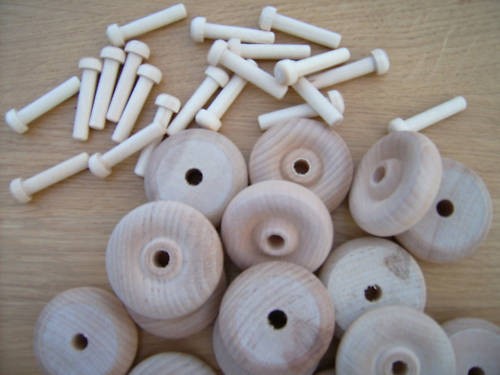 12x wooden toy wheels - +, axles