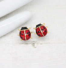 Vintage 1980s Red Ladybird Enamel Gold Plated Stud EARRINGS Jewellery