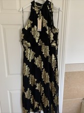 New Love & Roses Black Gold Jacquard Halter Tie Neck Midi Dress Sz UK 14