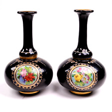 Moser Bohemian Glass Bud Vases Enamel Flower Panels h14 cm Circa 1880