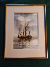 Framed watercolour 'THAMES BARGES FROM S.B. THISTLE' - Vernon Wildgoose 1912-95