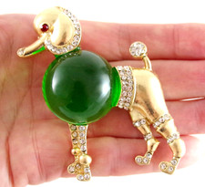 BIG 3" NWOT VTG INSPIRED GREEN JELLY BELLY RHINESTONE POODLE DOG BROOCH PIN
