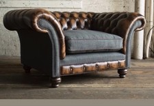 ANTIQUE TAN BROWN LEATHER & GREY WOOL SNUGGLE CHAIR Oswald & Pablo. Hardly Used