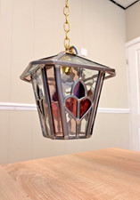 Handmade Pink Leaded Glass Outdoor Hanging Porch Lantern IP43
