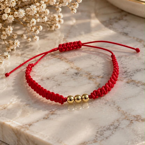 Red string bracelet - gold, 18k