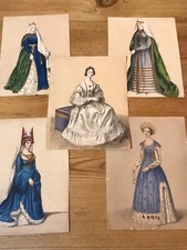 051c 5 x Antique 19th Century Hand Coloured Lithographs Historical Women
