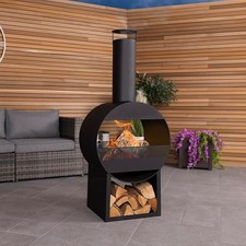Outdoor Steel Chiminea Patio Heater Fire Pit Wood Charcoal Burner w/ Log Storage