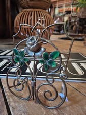 Antique old Art Nouveau arts and crafts brass enamel flower letter rack 