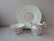 Vintage Royal Vale Bone China Cake Plate, Jug & Sugar Bowl, Gold Flowers Green