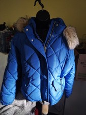 Women's Quilted Puffer Jacket Faux Fur Hoodie RIVER ISLAND UK 14 Royal Blue