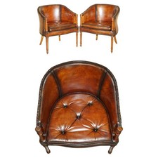 PAIR OF HAND DYED BROWN LEATHER DAVENPORT BARREL BACK CHESTERFIELD ARMCHAIRS
