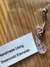 Belly Navel Bar Handmade With A 10mm Crystal AB Swarovski Crystal Teardrop Charm