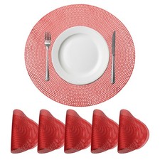 Round Floral Placemats Set of 6 Metallic Vinyl Pressed Placemats, Red