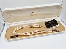 VINTAGE Boxed Lotus Three Row Simulated Pearls Beaded NECKLACE Silver Clasp