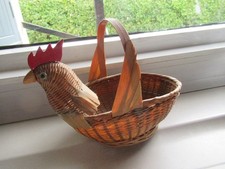 VINTAGE WICKER/RATTAN CHICKEN EGG BASKET - GLASS EYES.
