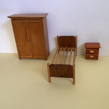 1:12 Scale Dolls House Single Slatted Bed, Wardrobe & Bedside Table / Drawers