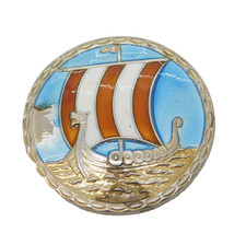 Norway Sterling Silver Enamel Viking Ship Brooch Antique Aksel Holmsen c1940