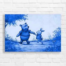 Winnie the Pooh and Piglet Stroll Blue Canvas Print Large Picture Wall Art