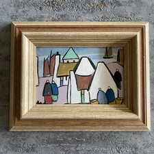 Manner of Markey Robinson - Figures before cottages and boats in water, 23cm15cm