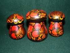 VINTAGE RUSSIAN LACQUER KHOKHLOMA TABLEWARE HAND PAINTED USSR LIDDED POTS X 3