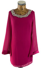LIPSY DRESS 8 FUCHSIA PINK Shift Chiffon RhineStone Collar Bell Sleeves Short
