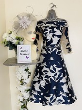 Mother of Bride Irresistible Small Size 16 Navy Silver Dip Hem Dress Fascinator