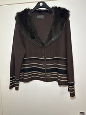 Ladies Vintage Cardigan By Alexon Brown Striped Fur Collar 100% Wool Size 16 Wdb
