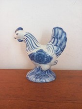 VINTAGE DELFT COCKEREL FIGURINE,  14CMS TALL, BLUE, AND WHITE 