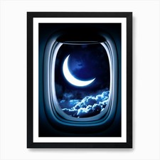 Airplane window with Moon, porthole Framed Wall Art Poster Canvas Print Picture