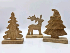 Set  Of 3 Wooden Christmas Decorations Reindeer Christmas Tree  16cm High