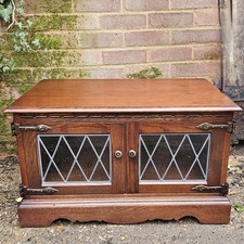 Old Charm Wood bros Oak TV Media Cabinet Stand Glass Leaded Doors Delivery Poss.
