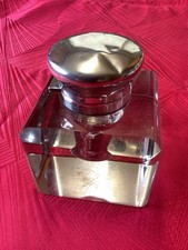 Glass Inkwell With Hallmarked Silver Flip Top Lid, Very Heavy 4 x 4 Inches