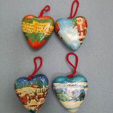 Set of 4 papier mache christmas heart decorations vintage polystyrene decoupage