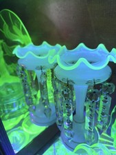 Pair Of Vaseline Glass Luster Ware Mantel Vases With Uranium / Manganese Rims