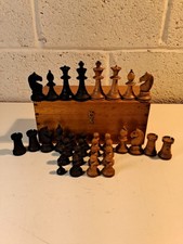 Vintage Chess Pieces Staunton In Wooden Storage Box 1 Unmatched Pawn Incomplete