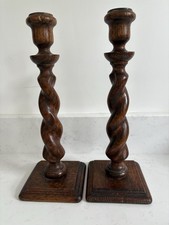 Edwardian Pair of Turned Oak Wood ‘Barley Twist’ Candlesticks