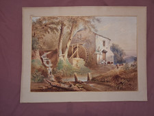 SUPERB VICTORIAN  WATERCOLOUR - RURAL SCENE -  FIGURES BY A WATER MILL  (SIGNED)