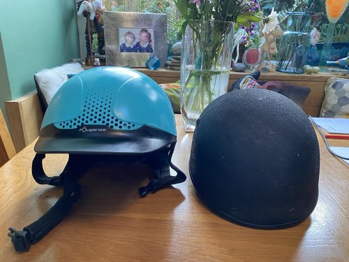 Two horse riding - two, helmets