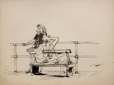 WALTER STUEMPFIG 20th c. American DRAWING People on Boardwalk Bench JERSEY SHORE