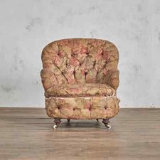 Victorian Button Back Tub Armchair Petite Solid Wood Legs with Casters Wheels