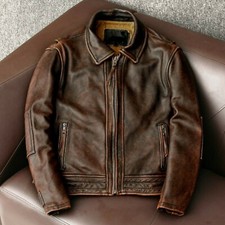 Men's Motorcycle Vintage Distressed Waxed Brown Real Leather Biker Winter Jacket