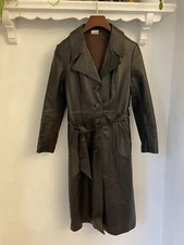 Ladies Vintage Full Length Leather Trench Coat Belted Waist 