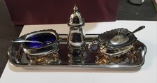 VINTAGE MUSTARD/PEPPER CRUET SET 2 X ORIGINAL SPOONS AND BLUE LINERS EPNS.
