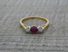 Vintage 18ct Gold Burma Ruby & Diamond Three Stone Ring UK Size L 1/2