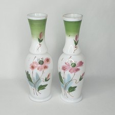 Vintage Milk Glass Vases Handpainted Floral design 