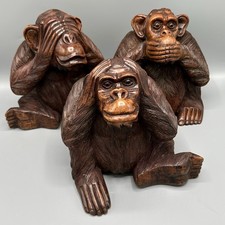 Treen Hand Carved Group Three Wise Monkeys See Hear Speak No Evil 9 inches Tall