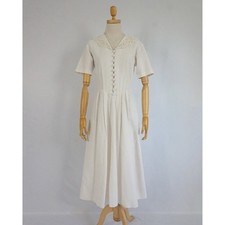 Vintage 80s Laura Ashley Sailor Collar Linen Dress XS UK 10